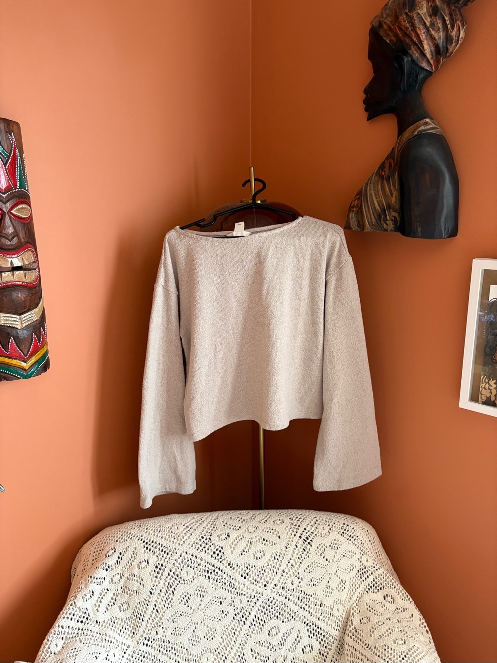 Women's Light Beige Textured Long-Sleeve Top